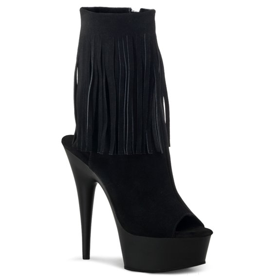 6" Heel, 1 3/4" PF Open Toe/Heel Fringe Bootie, Side Zip - Blk Suede/Blk Matte, 12