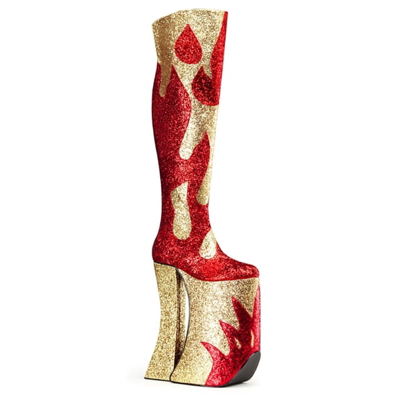 11" Heel, 9 3/4" PF Thigh Boot - Red-Gold Glitter, 12