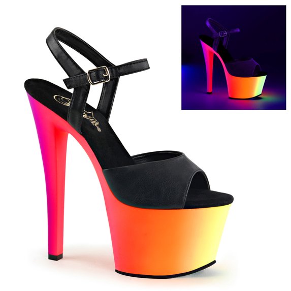 7" Heel, 2 3/4" PF Ankle Strap Sandal, Neon UV Reactive - Blk Faux Leather/Neon Multi, 12