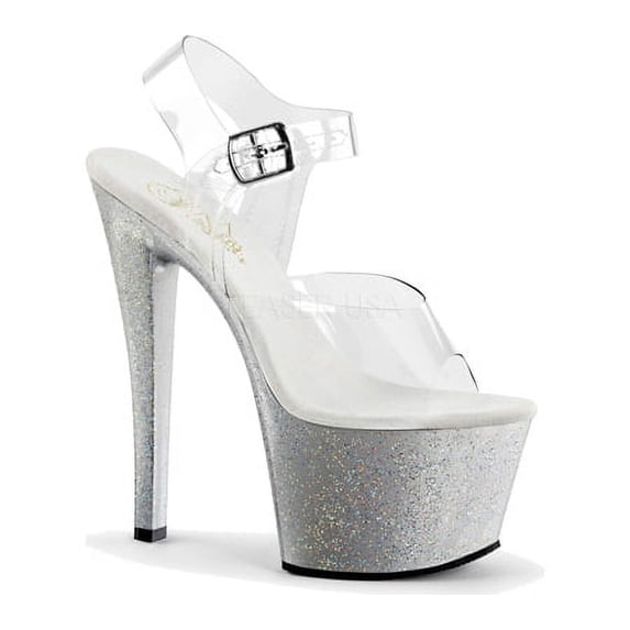 pleaser women's sky308mg/c/s platform dress sandal, clear/silver glitter, 6 m us