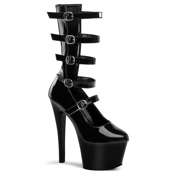 7" PF Pump W/Multiple Ankle Straps & Back Panel - Blk Pat/Blk, 8