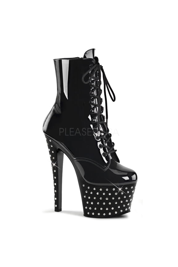 7" Heel, 2 3/4" RS Studded PF Lace-Up Ankle Boot, Side Zip - Blk/Blk, 6