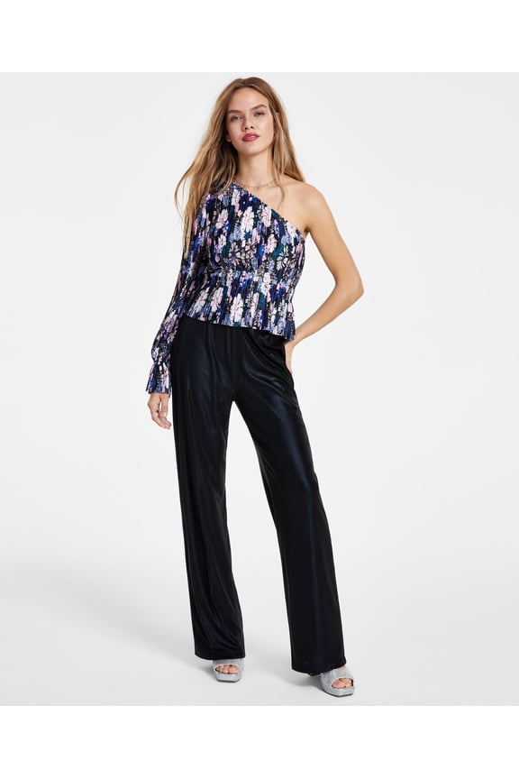 Women's Pleated Asymmetric One-Shoulder Top Navy Floral L