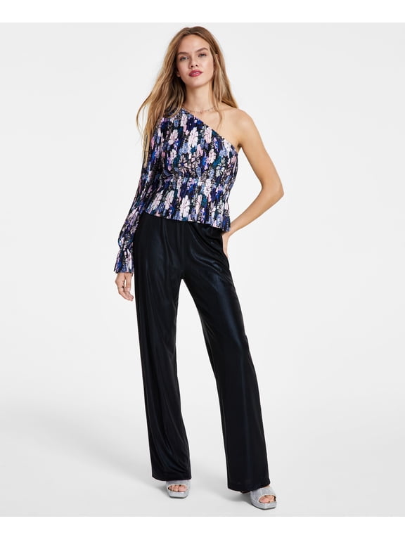 Women's Pleated Asymmetric One-Shoulder Top Navy Floral S