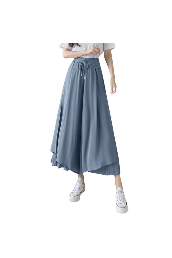 Women's Pleated Chiffon Wide Leg Pants Fashion High Waist Drape Nine Point Skirt Pants