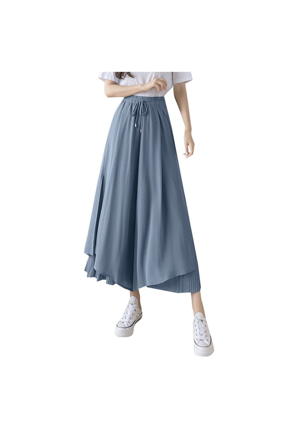 Women's Pleated Chiffon Wide Leg Pants Fashion High Waist Drape Nine Point Skirt Pants