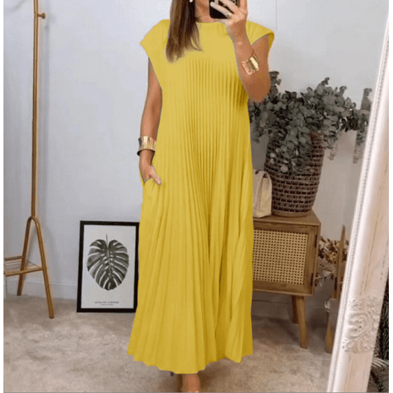 Women's Pleated Church Maxi Dresses Summer Casual Short Sleeve Crew Neck Flowy Loose Long Dresses with Pockets