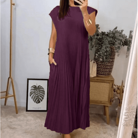 Women's Pleated Church Maxi Dresses Summer Casual Short Sleeve Crew Neck Flowy Loose Long Dresses with Pockets