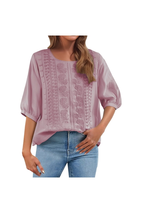 Women's Pleated Cotton Linen Blend Top Breathable Casual Chic Everyday Wear Pink XL