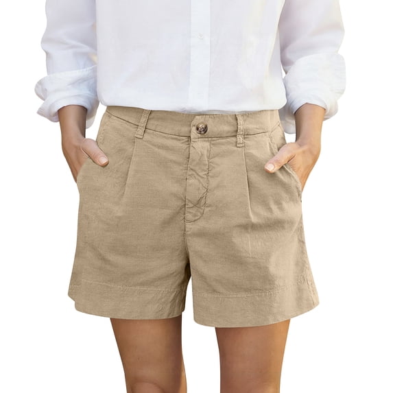 Women's Pleated Cotton Linen Shorts, High Rise Casual Summer Shorts with Rear Pockets, Soft Breathable Tailored Bottoms