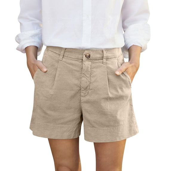 Women's Pleated Cotton Linen Shorts, High Rise Casual Summer Shorts with Rear Pockets, Soft Breathable Tailored Bottoms
