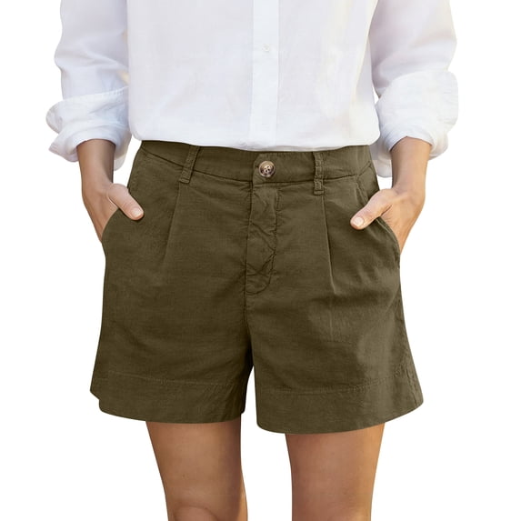 Women's Pleated Cotton Linen Shorts, High Rise Casual Summer Shorts with Rear Pockets, Soft Breathable Tailored Bottoms