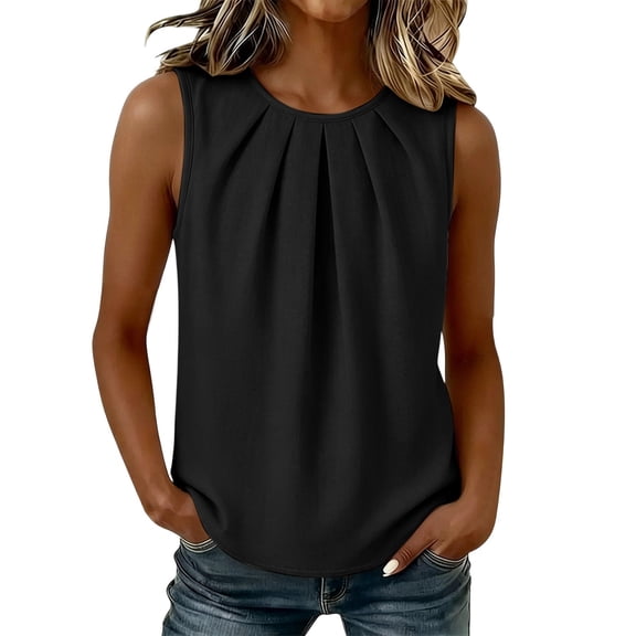Women's Pleated Crew Neck Sleeveless Tank Top, Casual Loose Chiffon Tunic Top, Breathable Office Work Daily Blouse for Women S-2XL