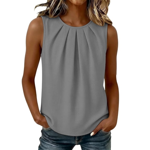 Women's Pleated Crew Neck Sleeveless Tank Top, Casual Loose Chiffon Tunic Top, Breathable Office Work Daily Blouse for Women S-2XL