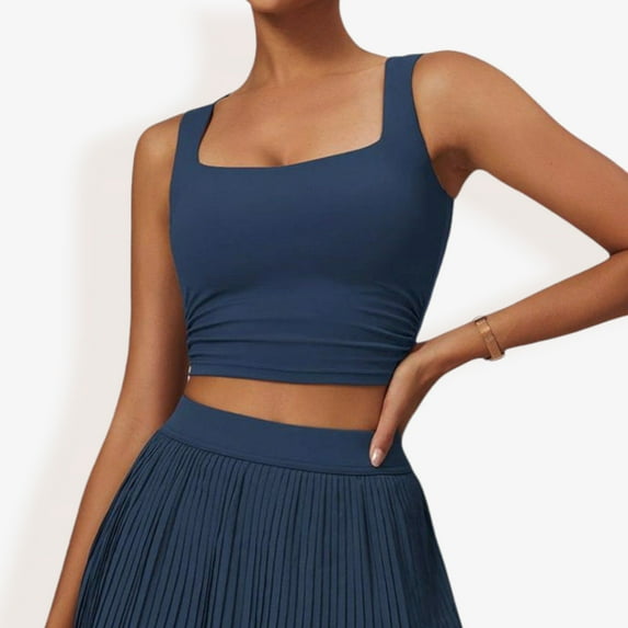 Women's Pleated Detail Square Neck Sports Bra with Wide Straps and Fitted Design- Large, Navy