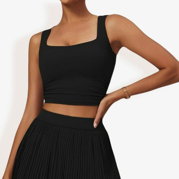 Women's Pleated Detail Square Neck Sports Bra with Wide Straps and Fitted Design- Medium, Black