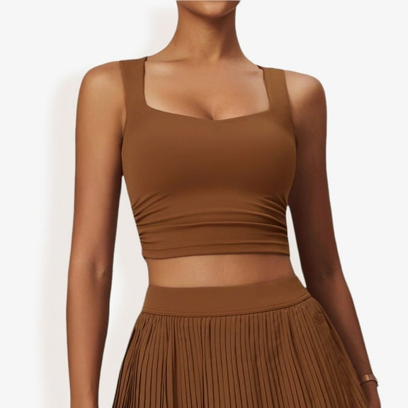 Women's Pleated Detail Square Neck Sports Bra with Wide Straps and Fitted Design- Medium, Brown