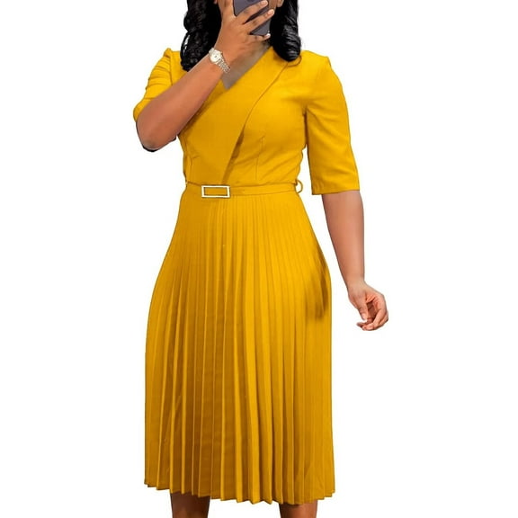 Women's Pleated Dress Cocktail Church Wedding Midi Dress A-Line Casual Dresses