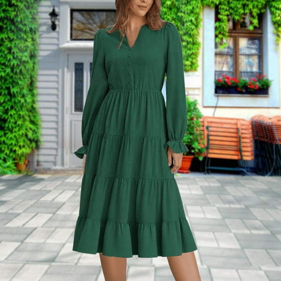 Women's Pleated Dress Ladies' Elegant Long Sleeved Pleated Layered Casual Dress Long Sleeved Round Neck Mid Calf Dress Long Sleeve Dress Green S-2XL