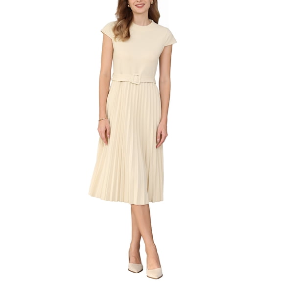 Women's Pleated Dress Mock Neck Cap Sleeve Belted A-Line Dresses XL Beige