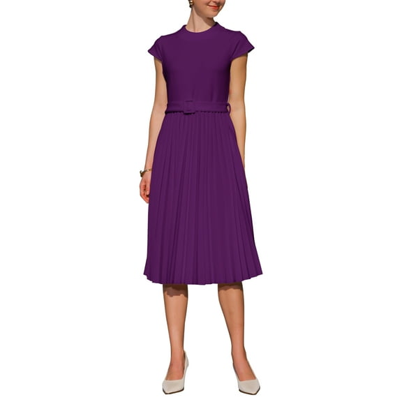 Women's Pleated Dress Mock Neck Cap Sleeve Belted A-Line Dresses XL Purple
