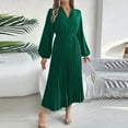 thumbnail image 1 of Women's Pleated Dress Solid Color Long Sleeve Stand Collar Midi Dress Casual A-Line Pleated Flowy Swing Dresses With Belt, 1 of 4