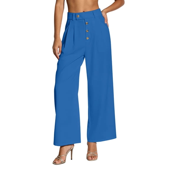 Women's Pleated Dress Trousers High Waist Loose Wide Leg Cropped Trousers with Pockets Busines Casual Commute Pants for Daily Work Wear Blue