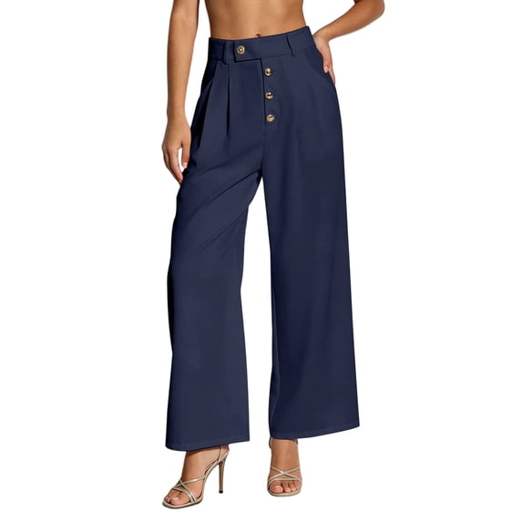 Women's Pleated Dress Trousers High Waist Loose Wide Leg Cropped Trousers with Pockets Busines Casual Commute Pants for Daily Work Wear Navy