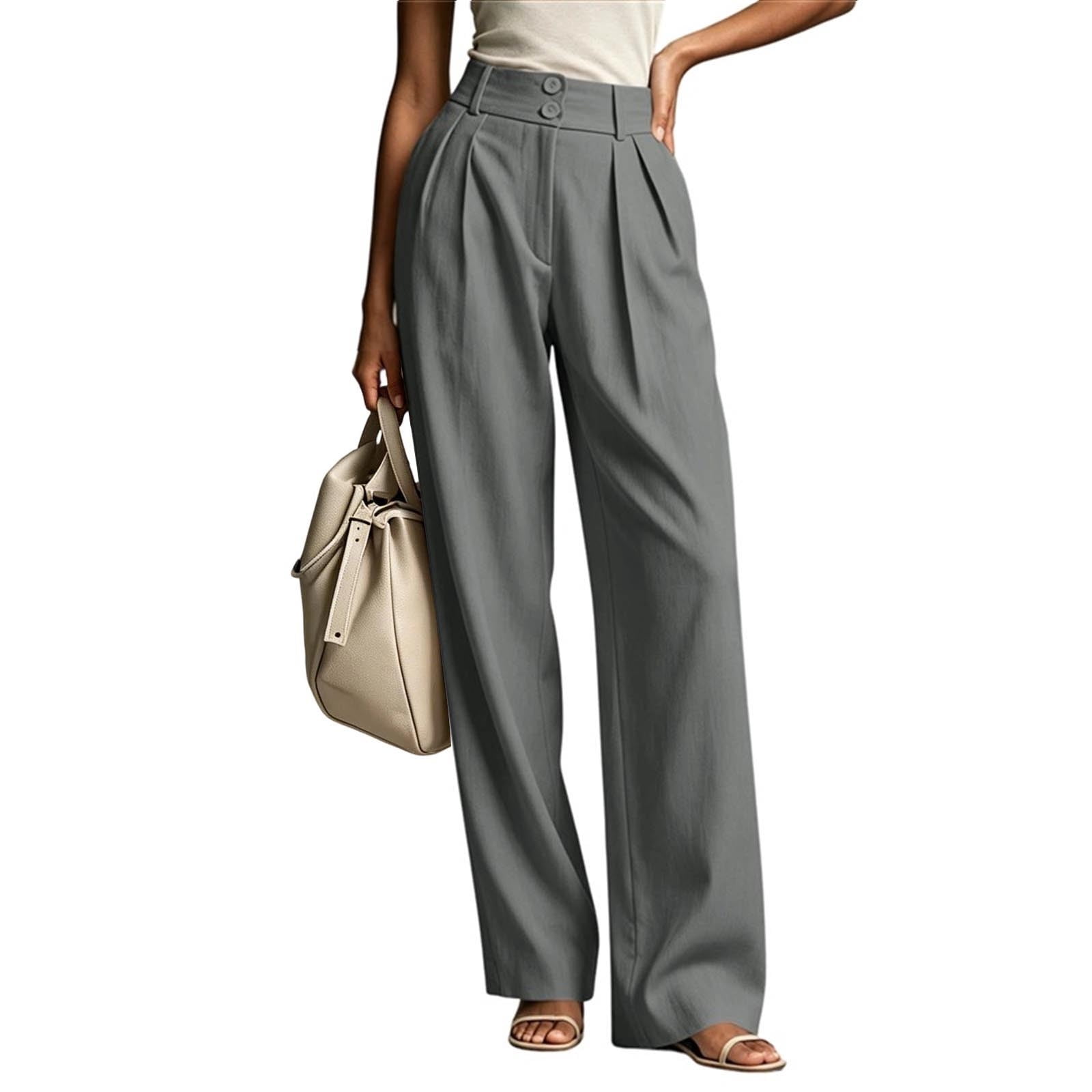 grey dress pants womens outfit Women's Pleated Trousers High Waist Loose Wide Leg Trousers with Pockets Busines Casual Commute Trendy Daily office Dark Gray Dress with pockets