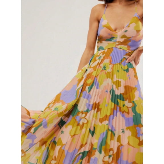 Women's Pleated Floral Maxi Dress V-Neck Spaghetti Strap Back Tie Sundress