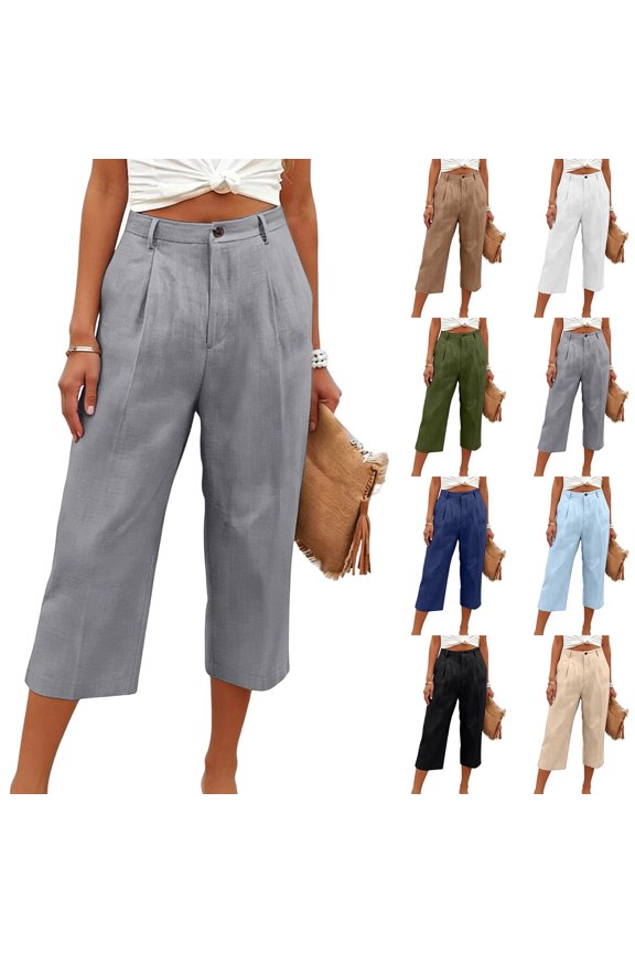 Women's Pleated Front Pants Linen High Waisted Button Fly Wide Leg Capri Trousers Soft with Pockets Business Casual Summer Casual Slacks, #02 Gray, S