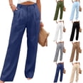 thumbnail image 1 of Women's Pleated Front Pants Linen High Waisted Button Fly Wide Leg Trousers Breathable with Pockets Business Casual Work Summer Elegant Slacks, #03 Navy, S, 1 of 6