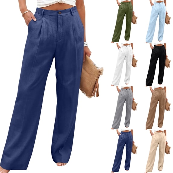 Women's Pleated Front Pants Linen High Waisted Button Fly Wide Leg Trousers Breathable with Pockets Business Casual Work Summer Elegant Slacks, #03 Navy, S