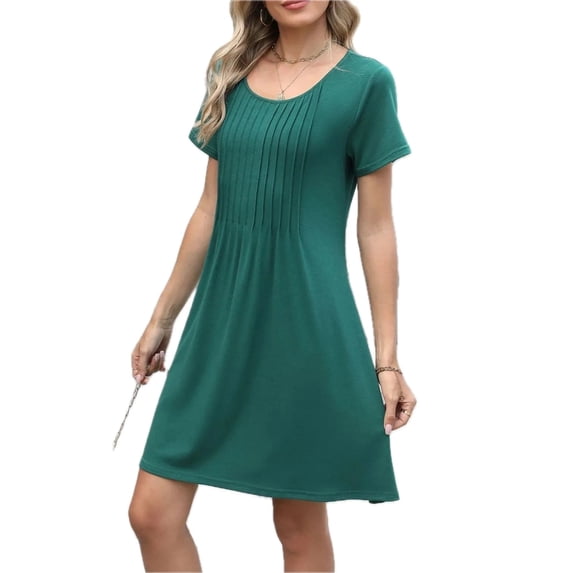 Women's Pleated Front Round Neck Swing Dress with Pockets Ruched Stretch 65% rayon 30% polyester 5% spandex Easy Care