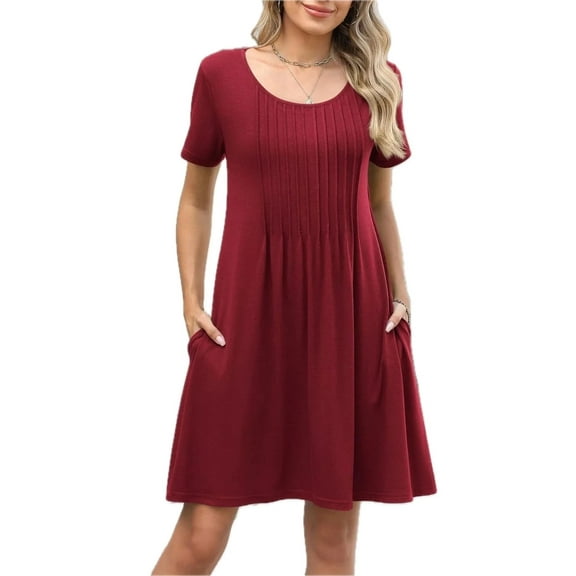 Women's Pleated Front Round Neck Swing Dress with Pockets Ruched Stretch 65% rayon 30% polyester 5% spandex Easy Care