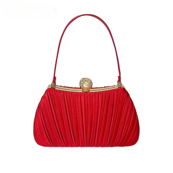 Women's Pleated Handbag Pearl Accent Shoulder Bag for Wedding Party Evening Clutch Purse red