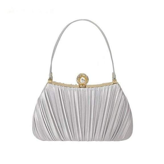 Women's Pleated Handbag Pearl Accent Shoulder Bag for Wedding Party Evening Clutch Purse silver