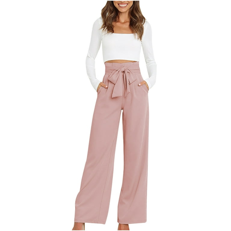 Women's Pleated High Waist Belted Satin Wide Leg Pants Casual Work