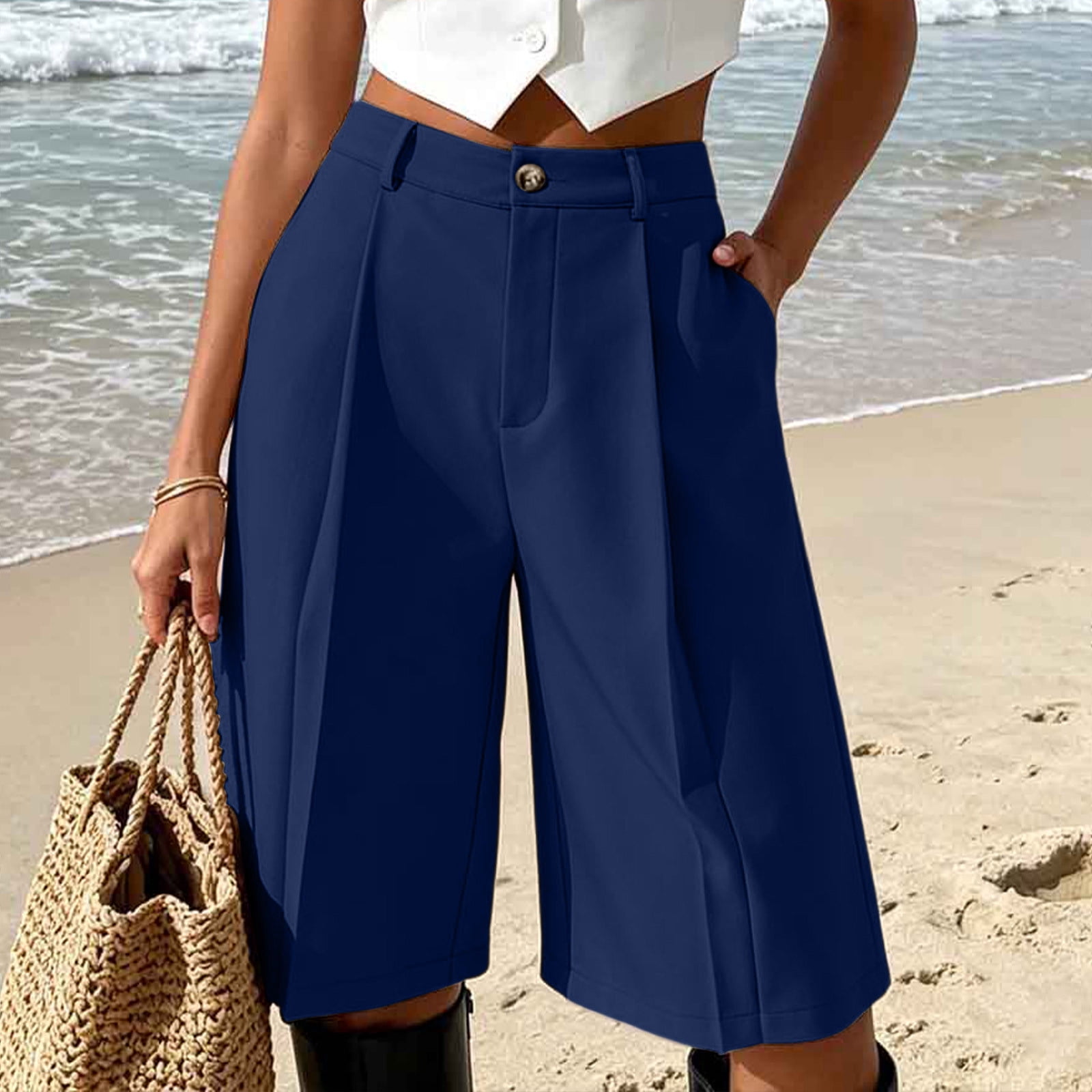 Women's Pleated High Waist Wide Leg Bermuda Suit Shorts, Dressy