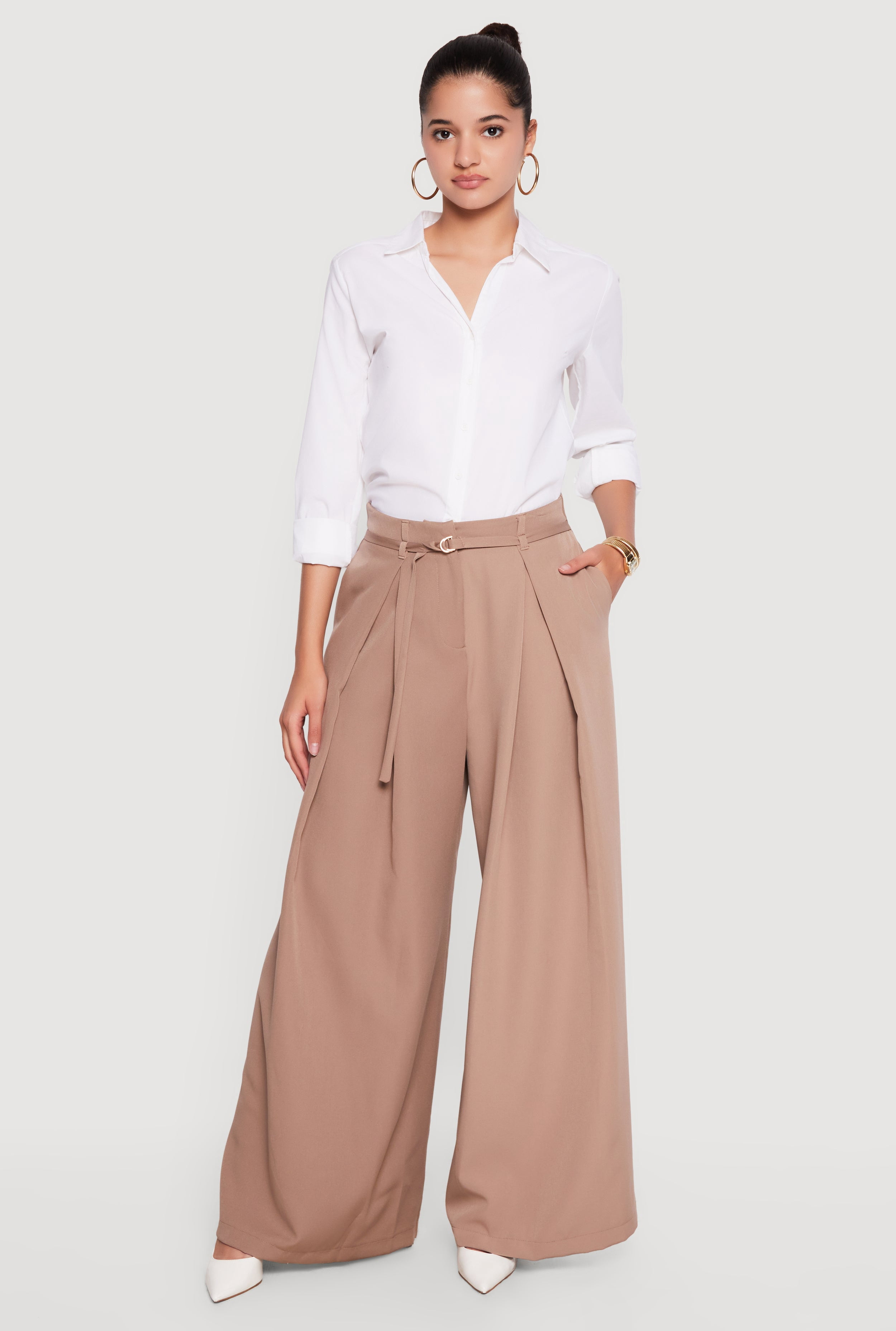 high waisted belted dress pants High Waist Wide Leg Pants for Women Belted Waisted Business Casual Flowy Long Trousers Business Office Dress Pants Trousers (Apricot,S) at Amazon Women's Clothing store