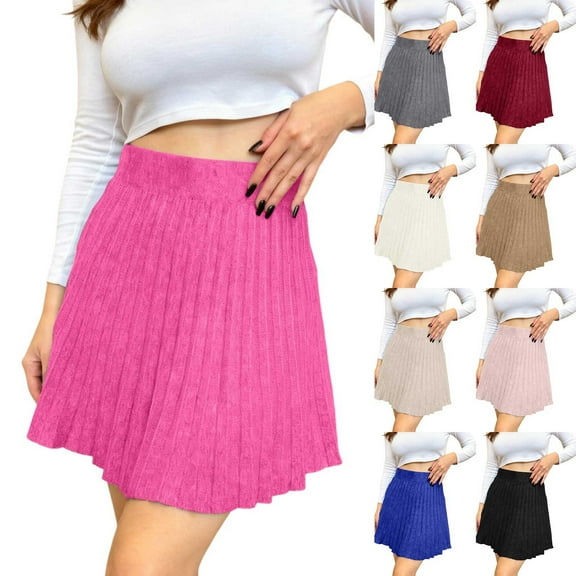 Women's Pleated Knit Mini Skirts Stretchy High Waist A-Line Casual Sweater Skirt Fall Winter Skirts for Women