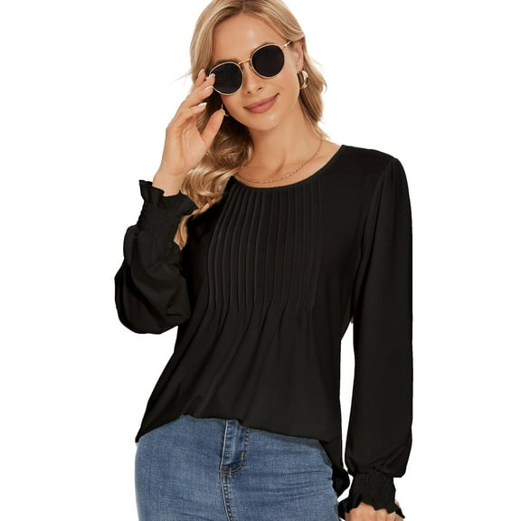 Women's Pleated Lantern Long Sleeve Tunic Blouses Lightweight Soft Casual Elegant Loose Crewneck Tops