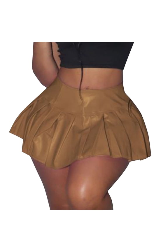 Women's Pleated Leather Skirt - Solid Color, Stretchy Polyester, A-Line Design, for Casual Work & Party Wear