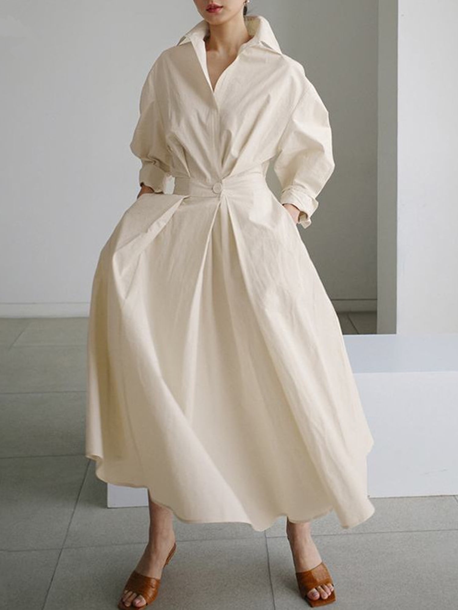 Women's Pleated Long Sleeve Party Cocktail Long Maxi Button Down White