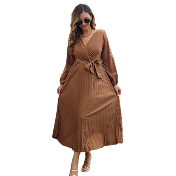 Women's Pleated Long Sleeve Surplice Maxi Dress Solid Elegant Flow with Comfortable Silhouette 95% polyester 5% spandex