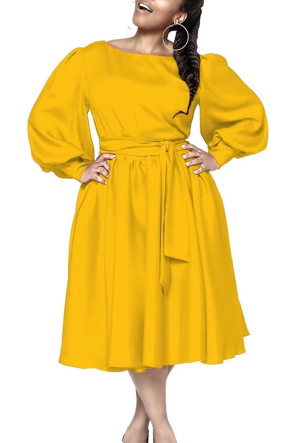 Women's Pleated Loose Swing Casual Dress Knee Length Flowy Work Wrap Dress