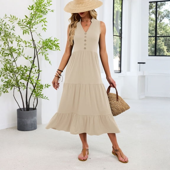 Women's Pleated Maxi Dress, V Neck Button Sleeveless Long Loose Dress, Elegant Flowery Dress for Special Occasions, Khaki - M