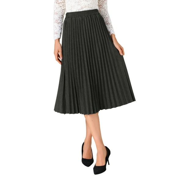 Women's Pleated Midi Skirt Elastic High Waist A-Line Swing Casual Flowy Long Skirts XXL Dark Grey