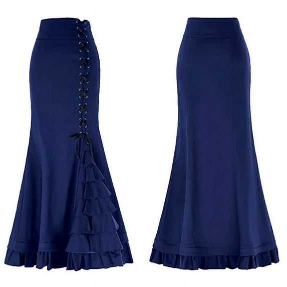 Women's Pleated Midi Skirt Gothic Punk Skirt Lace Up Victorian Skirt Elastic High Waist A-Line Maxi Victorian Skirts
