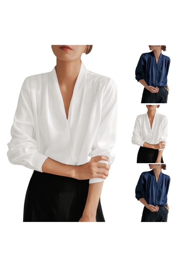 Women's Pleated Neckline Casual Long Sleeve Blouse Shirt Top, Solid Color Loose Fit Elegant Tunic, Business Office Wear | CSEONE,White L